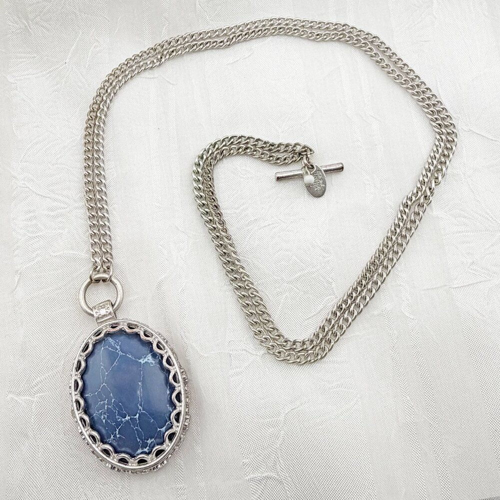 Nine West Vintage America Silver Tone Blue Stone Pendant Toggle Necklace